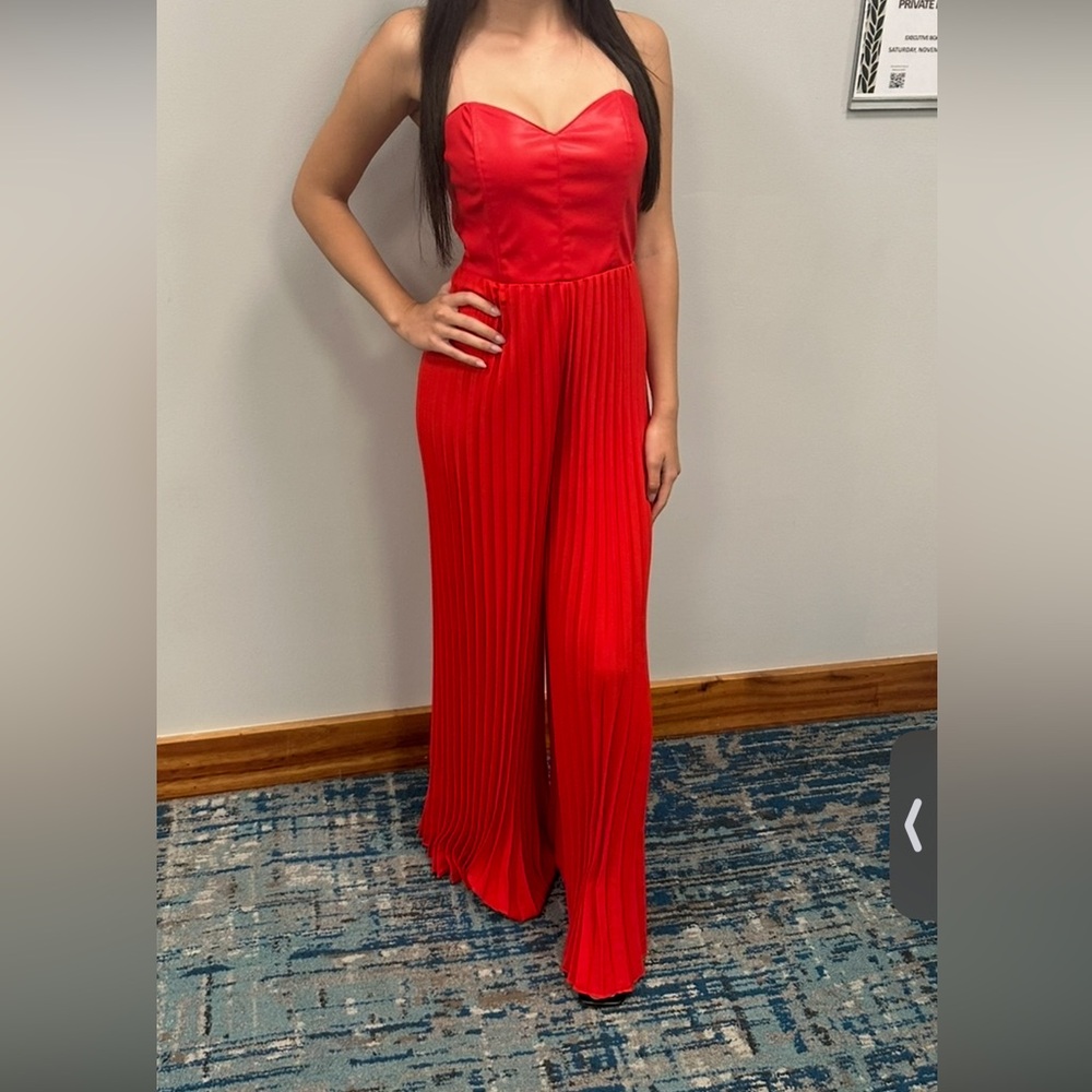 Strapless Red Pleated Wide-Leg Jumpsuit